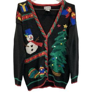 Vtg 90s Christmas Cardigan Sweater Womens size M Snowman Granny Cottage Party 3D